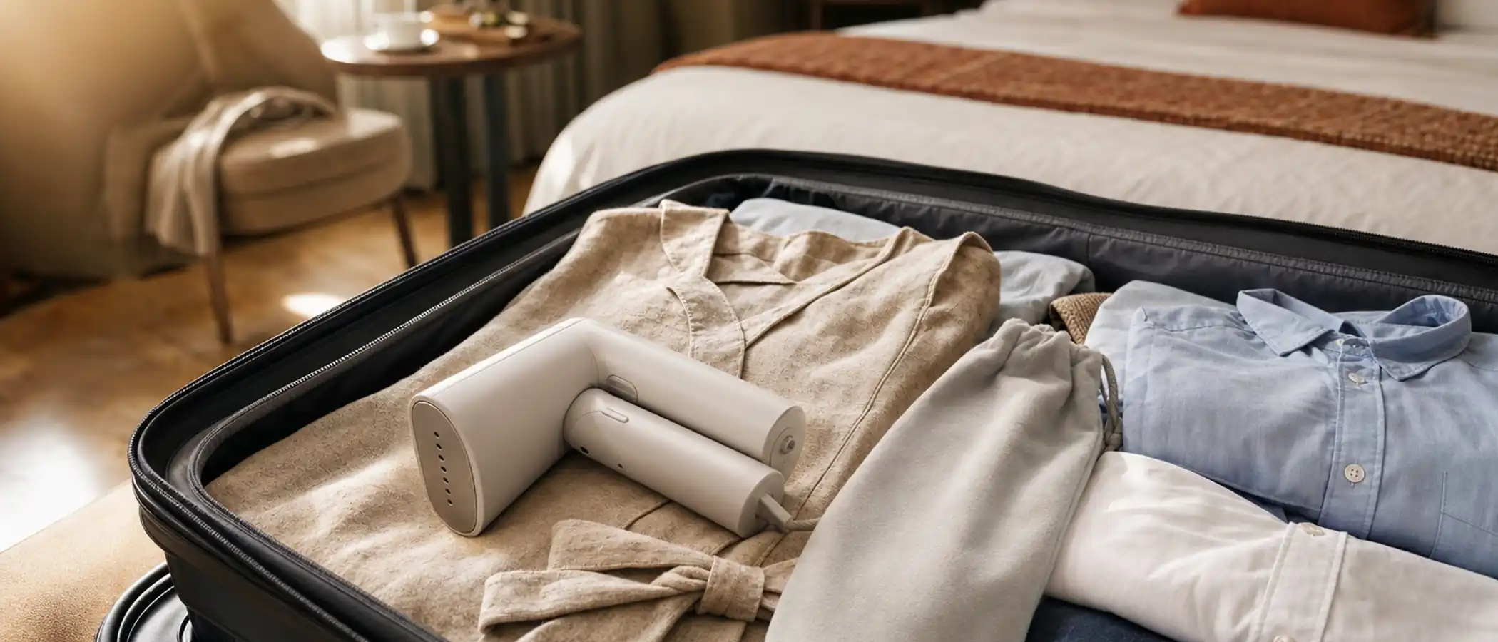Een kleine witte reisstomer met een stoffen opbergzakje in een open koffer met linnen kleding en overhemden