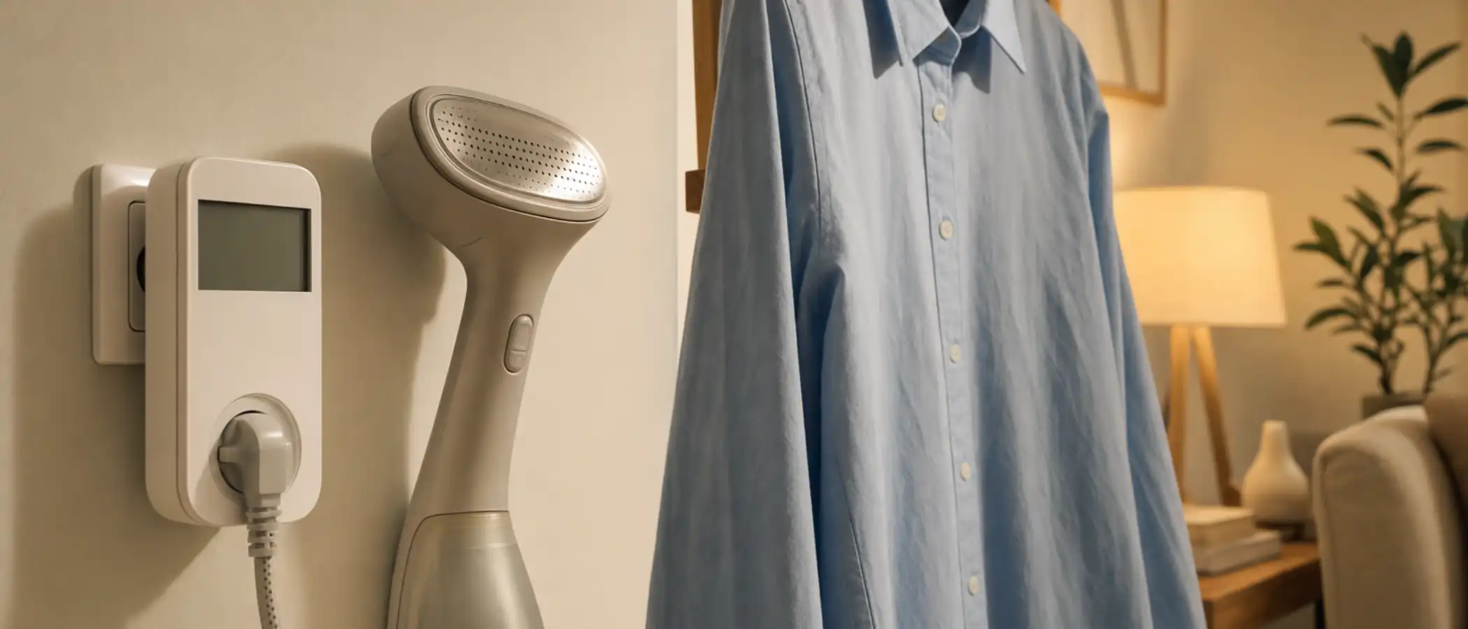 Handstomer met de stekker in een energiemeter in het stopcontact, naast een lichtblauw overhemd aan een hanger