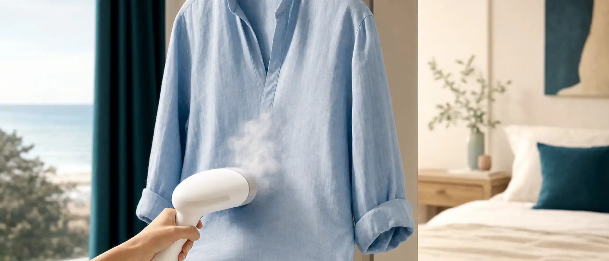 Een hand stoomt een hangend lichtblauw linnen overhemd met een witte handstomer
