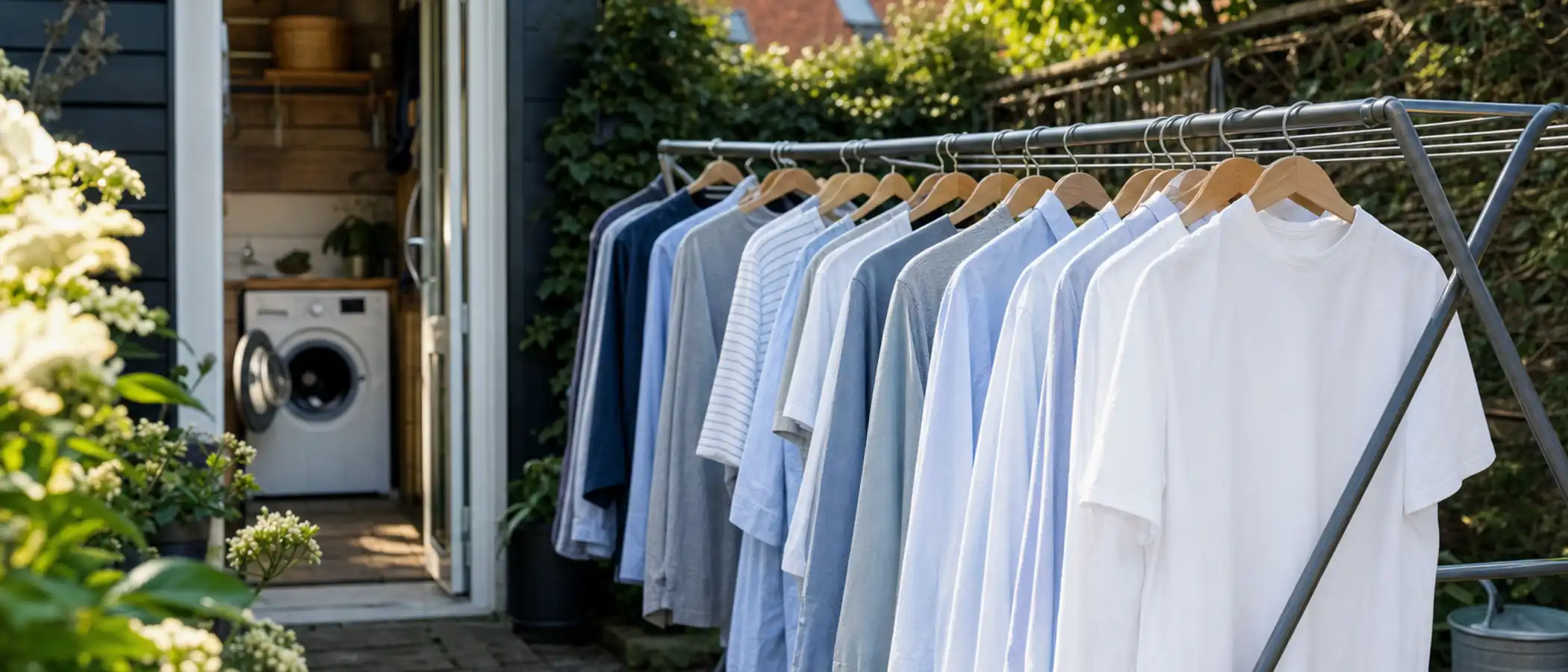 Gladde katoenen overhemden en T-shirts aan hangers op een droogrek in de tuin, met een open wasmachine op de achtergrond