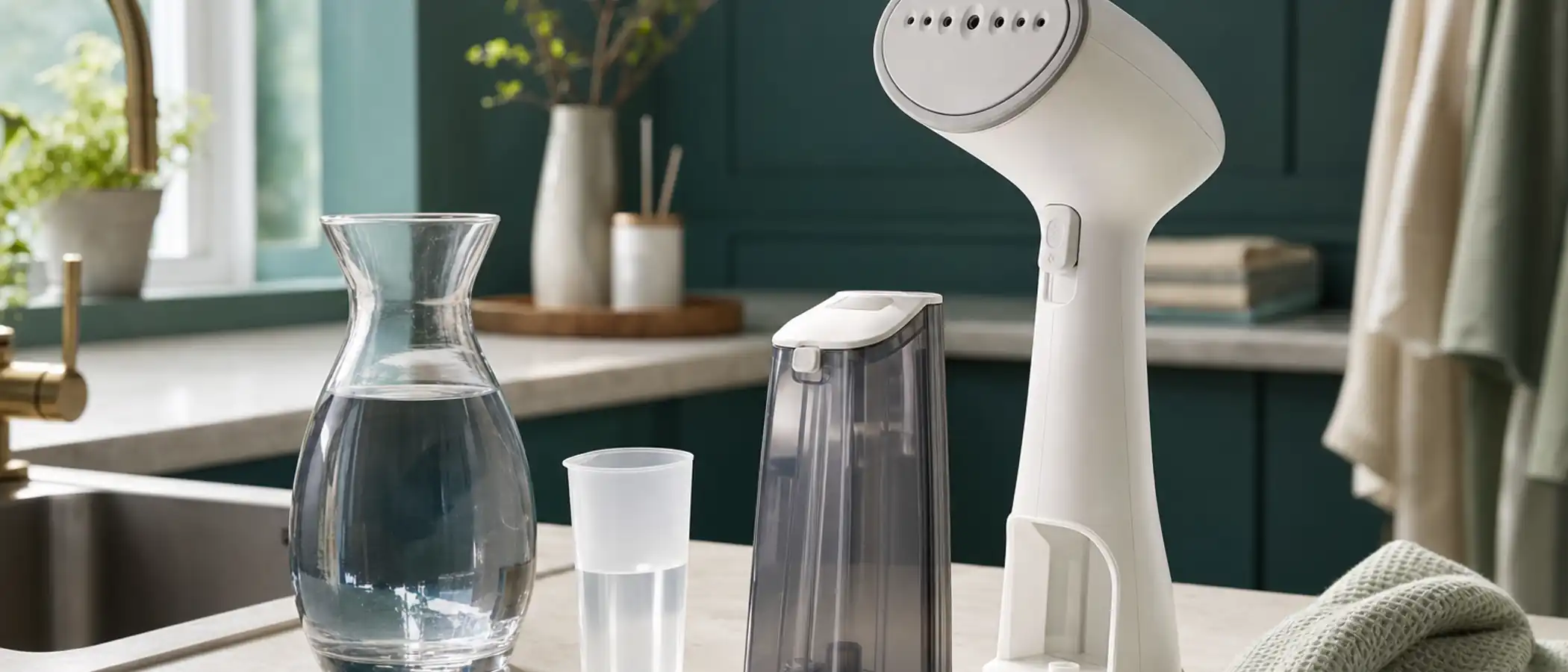 Handstomer met losgemaakte watertank naast een karaf water en een maatbeker op een aanrecht