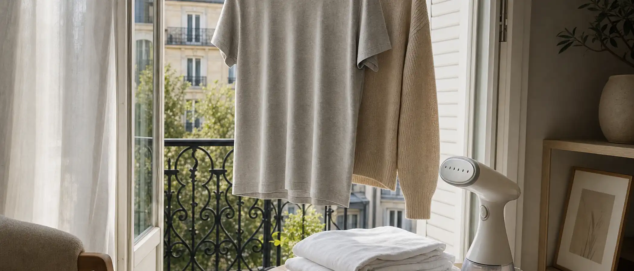Katoenen T-shirt en wollen trui aan hangers bij een open balkondeur, met een handstomer en een stapel gewassen beddengoed op tafel