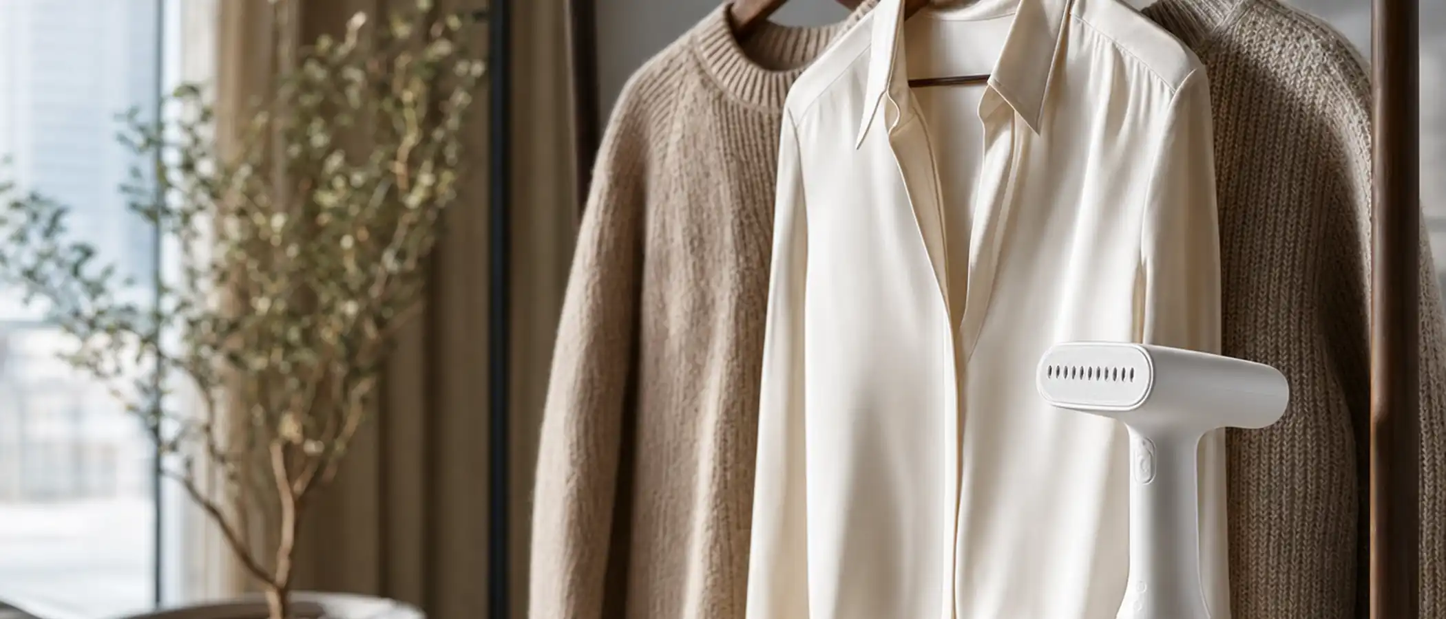 Een zijden blouse en een wollen trui op hangers naast een handstomer